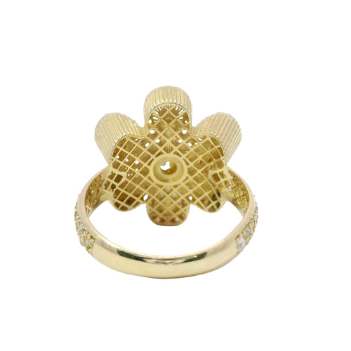 14KT Gold Ring Women's Hollow Six Petal Daisy Petals with White CZ Stone Center and Border