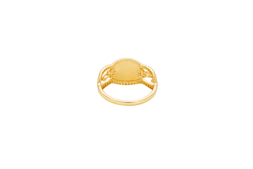 14KT Gold Ring Women's Horizontal Oval Two Tone Virgin Mary Sunray Two Roses White CZ Stone Split Band Border