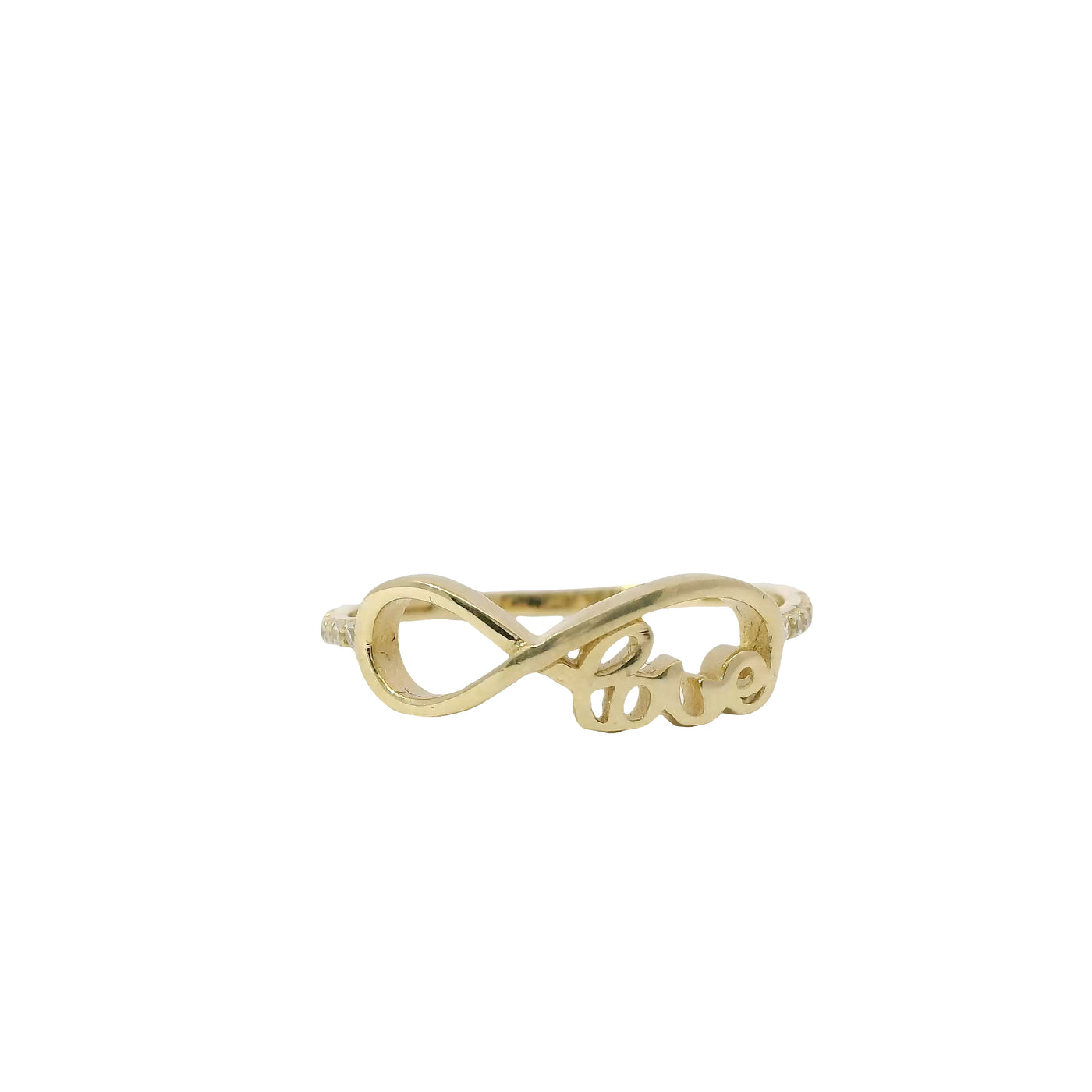 14KT Gold Ring Women's Light Weight White CZ Stone Band with Infinity Loop "Love" Center