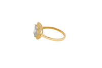 14KT Gold Ring Women's Iridescent Rectangle Center CZ Stone with Double Round White CZ Stones Border and Plain Band