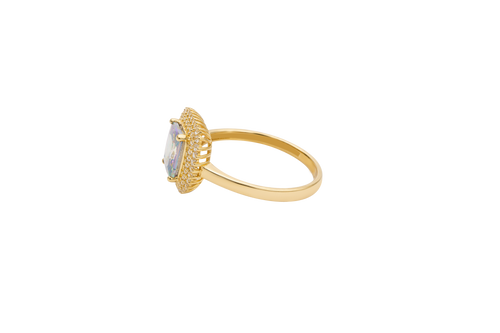 14KT Gold Ring Women's Iridescent Rectangle Center CZ Stone with Double Round White CZ Stones Border and Plain Band