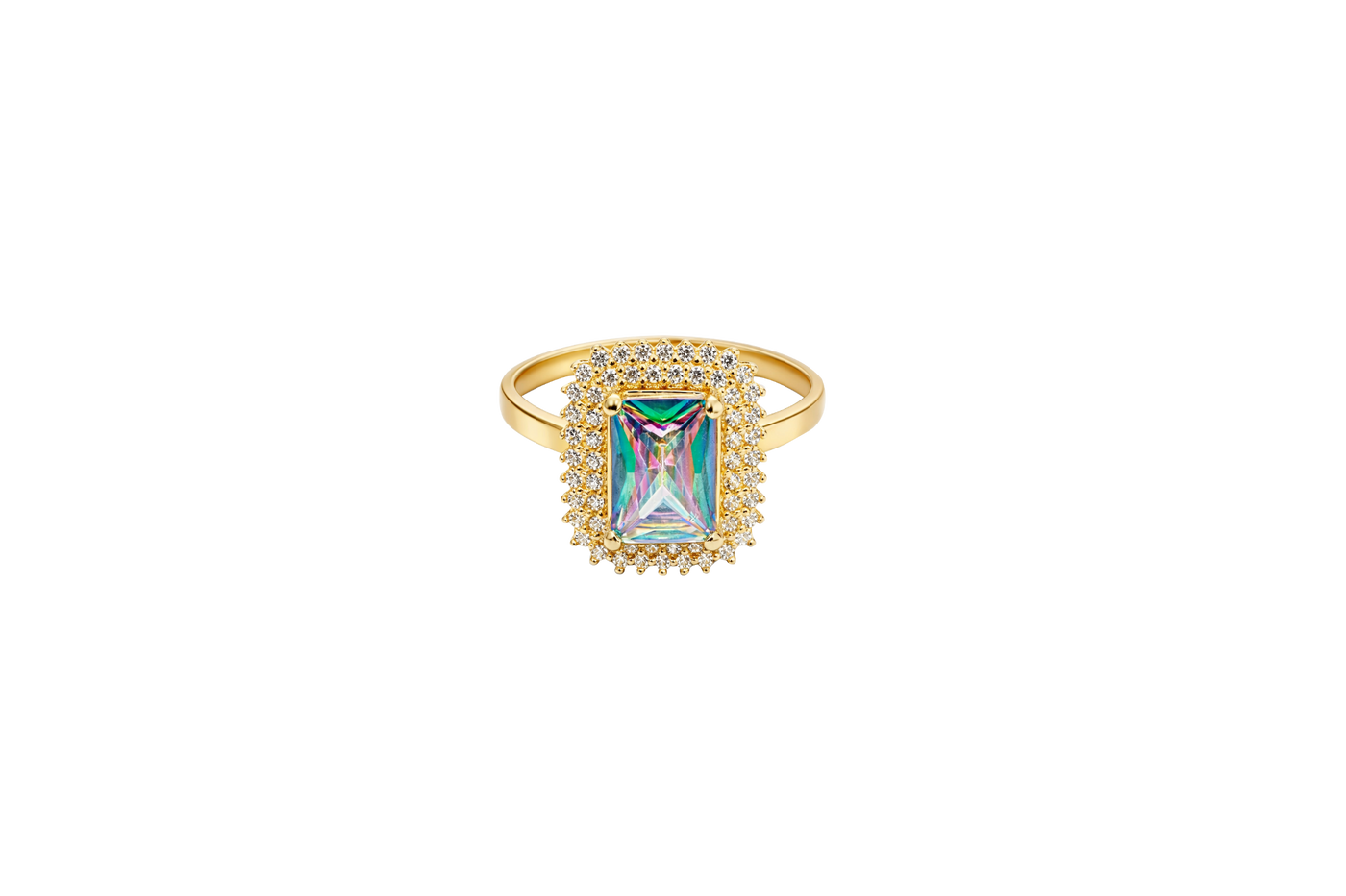 14KT Gold Ring Women's Iridescent Rectangle Center CZ Stone with Double Round White CZ Stones Border and Plain Band