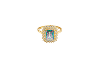 14KT Gold Ring Women's Iridescent Rectangle Center CZ Stone with Double Round White CZ Stones Border and Plain Band