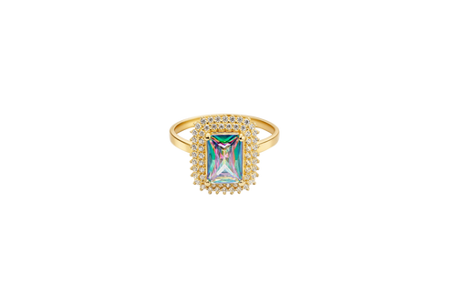 14KT Gold Ring Women's Iridescent Rectangle Center CZ Stone with Double Round White CZ Stones Border and Plain Band