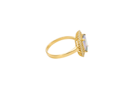 14KT Gold Ring Women's Iridescent Rectangle Center CZ Stone with Double Round White CZ Stones Border and Plain Band
