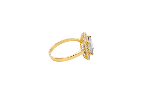 14KT Gold Ring Women's Iridescent Rectangle Center CZ Stone with Double Round White CZ Stones Border and Plain Band