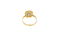 14KT Gold Ring Women's Iridescent Rectangle Center CZ Stone with Double Round White CZ Stones Border and Plain Band