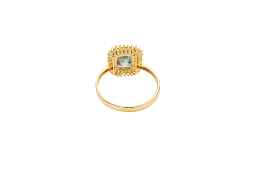 14KT Gold Ring Women's Iridescent Rectangle Center CZ Stone with Double Round White CZ Stones Border and Plain Band