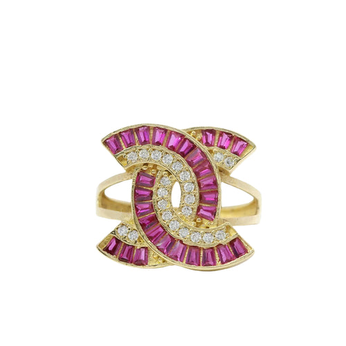 14KT Gold Ring Women's Jumbo Dark Pink and White CZ Stone CC Center with Plain Split Band