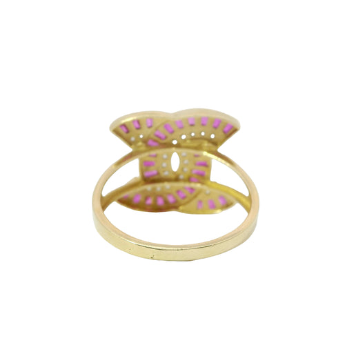 14KT Gold Ring Women's Jumbo Dark Pink and White CZ Stone CC Center with Plain Split Band