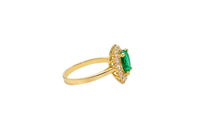 14KT Gold Ring Women's Jumbo Dark Green Round Center CZ with Round White CZ Stones Border and Plain Band