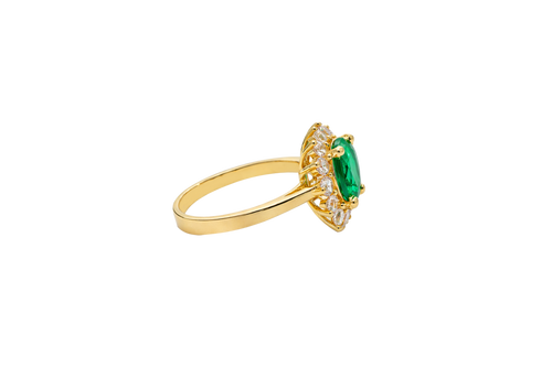 14KT Gold Ring Women's Jumbo Dark Green Round Center CZ with Round White CZ Stones Border and Plain Band