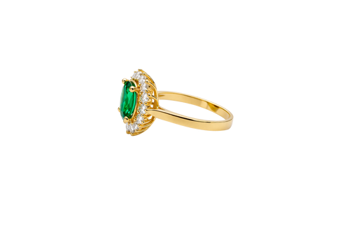 14KT Gold Ring Women's Jumbo Dark Green Round Center CZ with Round White CZ Stones Border and Plain Band