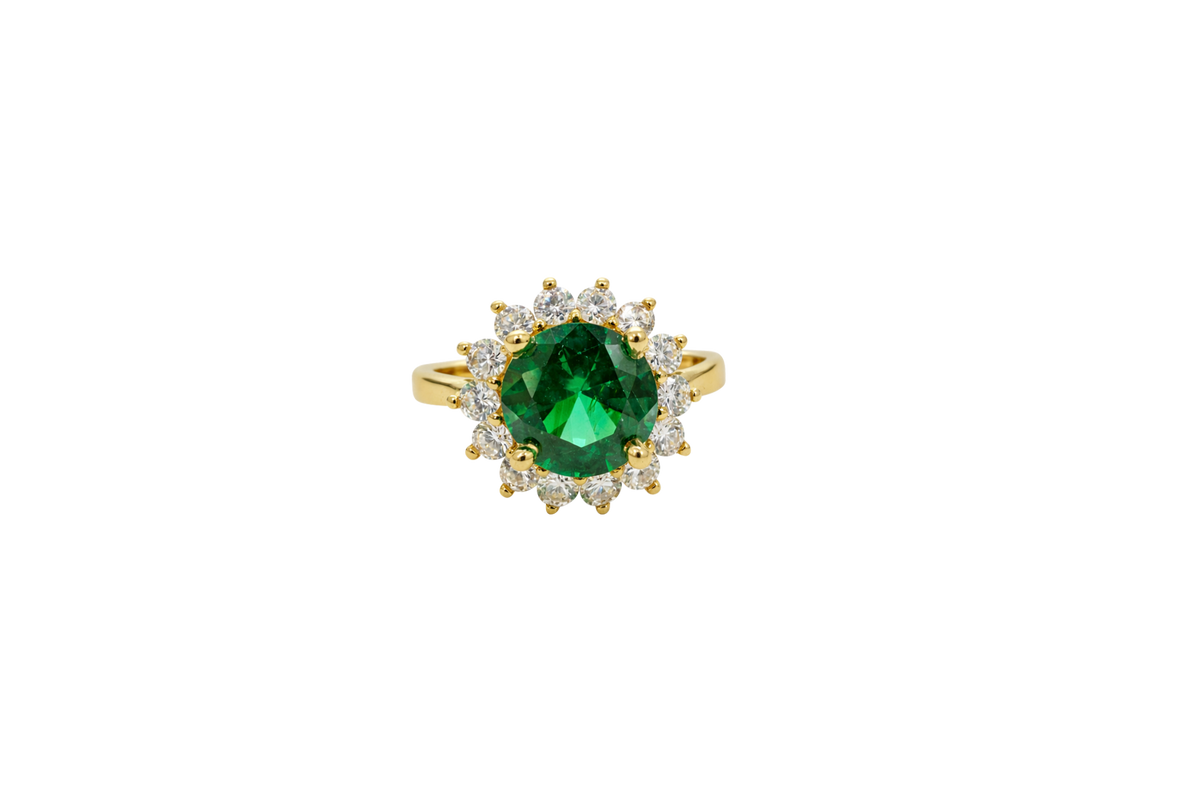 14KT Gold Ring Women's Jumbo Dark Green Round Center CZ with Round White CZ Stones Border and Plain Band