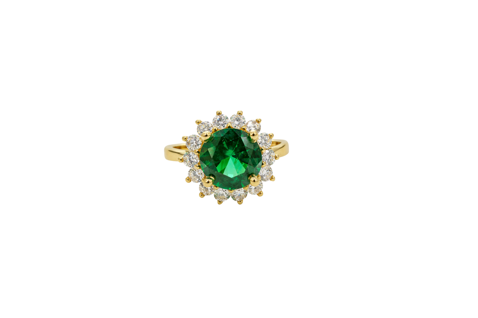 14KT Gold Ring Women's Jumbo Dark Green Round Center CZ with Round White CZ Stones Border and Plain Band