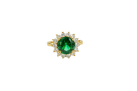 14KT Gold Ring Women's Jumbo Dark Green Round Center CZ with Round White CZ Stones Border and Plain Band