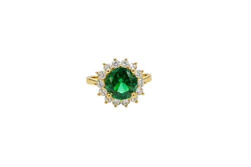 14KT Gold Ring Women's Jumbo Dark Green Round Center CZ with Round White CZ Stones Border and Plain Band