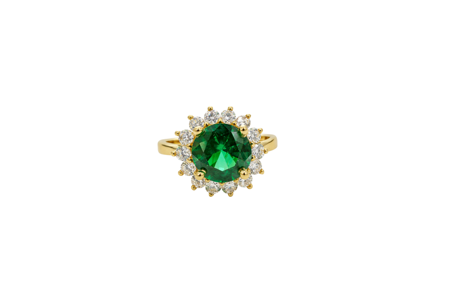 14KT Gold Ring Women's Jumbo Dark Green Round Center CZ with Round White CZ Stones Border and Plain Band