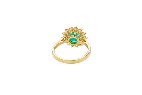 14KT Gold Ring Women's Jumbo Dark Green Round Center CZ with Round White CZ Stones Border and Plain Band
