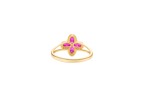 14KT Gold Ring Women's Jumbo Four Petal Flower Dark Pink Petals with White CZ Center Stone and Border Plain Split Band