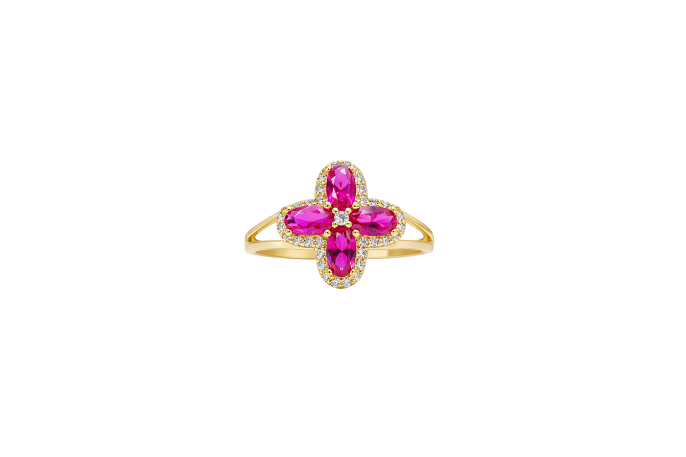 14KT Gold Ring Women's Jumbo Four Petal Flower Dark Pink Petals with White CZ Center Stone and Border Plain Split Band