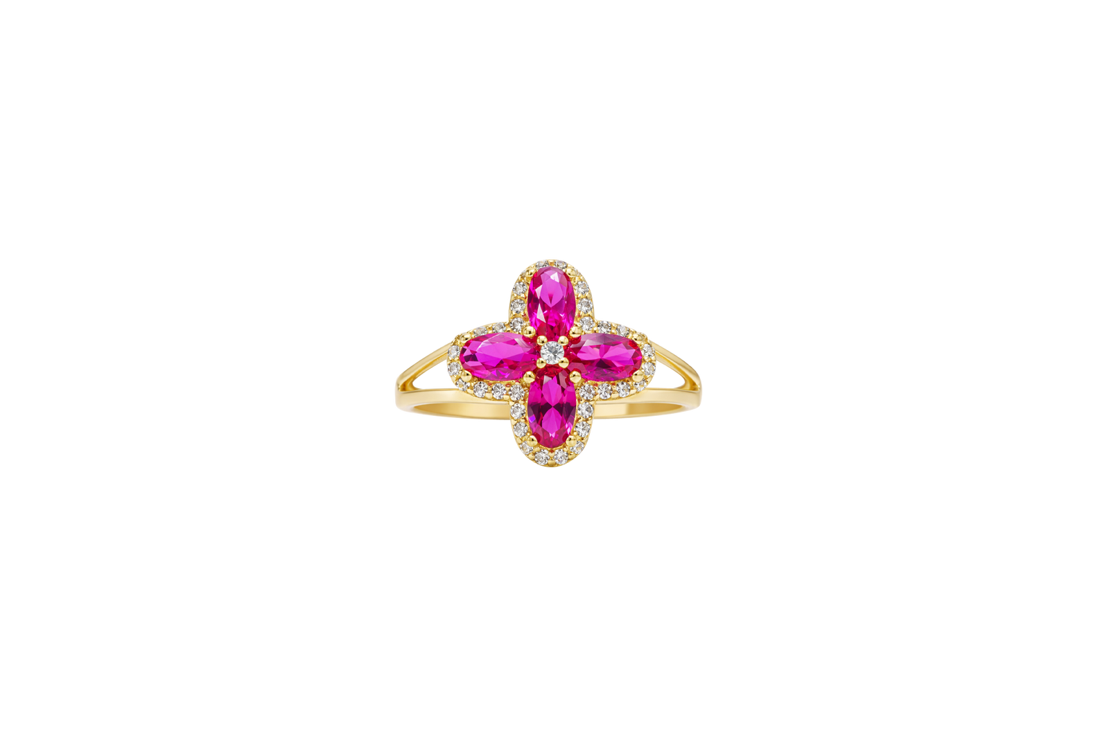 14KT Gold Ring Women's Jumbo Four Petal Flower Dark Pink Petals with White CZ Center Stone and Border Plain Split Band