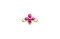 14KT Gold Ring Women's Jumbo Four Petal Flower Dark Pink Petals with White CZ Center Stone and Border Plain Split Band