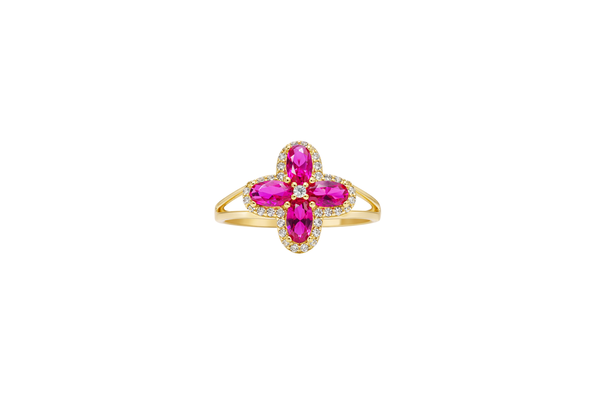 14KT Gold Ring Women's Jumbo Four Petal Flower Dark Pink Petals with White CZ Center Stone and Border Plain Split Band