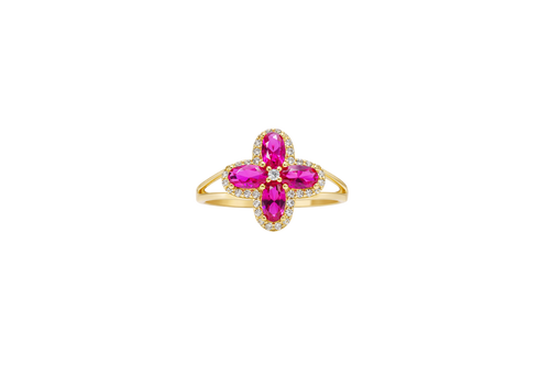 14KT Gold Ring Women's Jumbo Four Petal Flower Dark Pink Petals with White CZ Center Stone and Border Plain Split Band