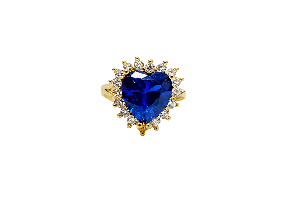 14KT Gold Ring Women's Jumbo Heart Navy Blue Center CZ with Round White CZ Stones Border and Plain Split Band