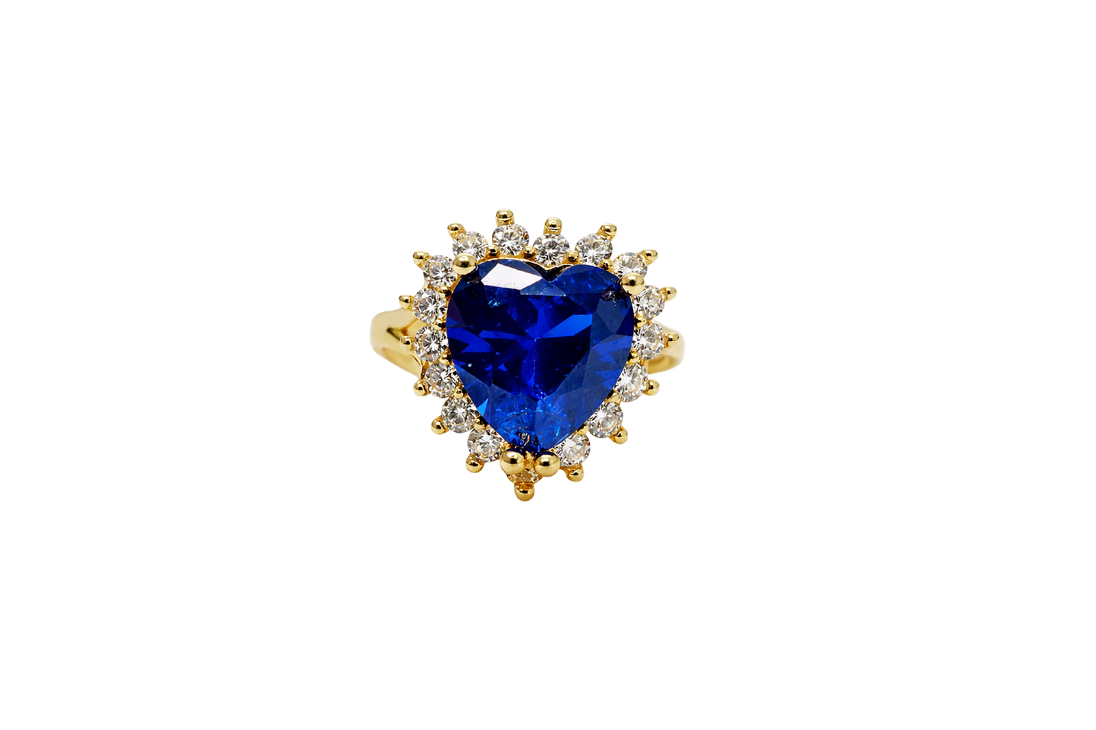 14KT Gold Ring Women's Jumbo Heart Navy Blue Center CZ with Round White CZ Stones Border and Plain Split Band