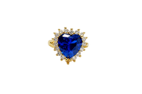 14KT Gold Ring Women's Jumbo Heart Navy Blue Center CZ with Round White CZ Stones Border and Plain Split Band