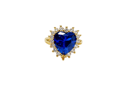 14KT Gold Ring Women's Jumbo Heart Navy Blue Center CZ with Round White CZ Stones Border and Plain Split Band