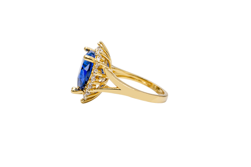 14KT Gold Ring Women's Jumbo Heart Navy Blue Center CZ with Round White CZ Stones Border and Plain Split Band