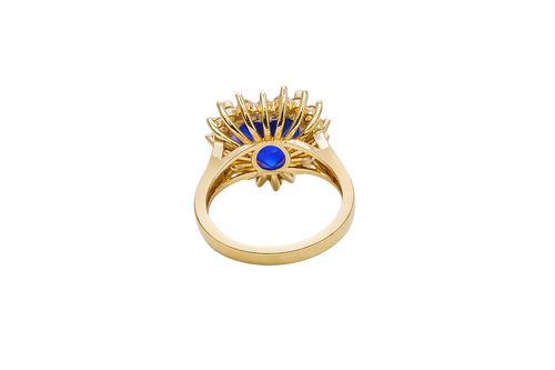 14KT Gold Ring Women's Jumbo Heart Navy Blue Center CZ with Round White CZ Stones Border and Plain Split Band