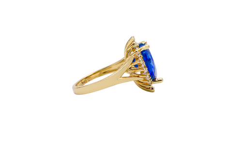 14KT Gold Ring Women's Jumbo Heart Navy Blue Center CZ with Round White CZ Stones Border and Plain Split Band