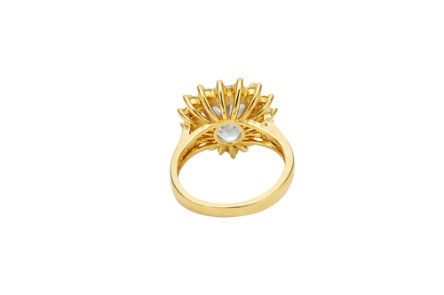 14KT Gold Ring Women's Jumbo Heart Turquoise Center CZ with Round White CZ Stones Border and Plain Split Band