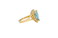 14KT Gold Ring Women's Jumbo Heart Turquoise Center CZ with Round White CZ Stones Border and Plain Split Band