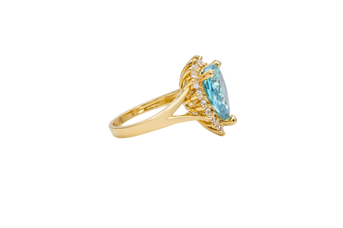 14KT Gold Ring Women's Jumbo Heart Turquoise Center CZ with Round White CZ Stones Border and Plain Split Band