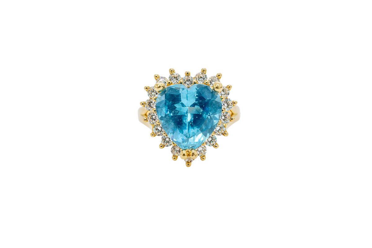 14KT Gold Ring Women's Jumbo Heart Turquoise Center CZ with Round White CZ Stones Border and Plain Split Band