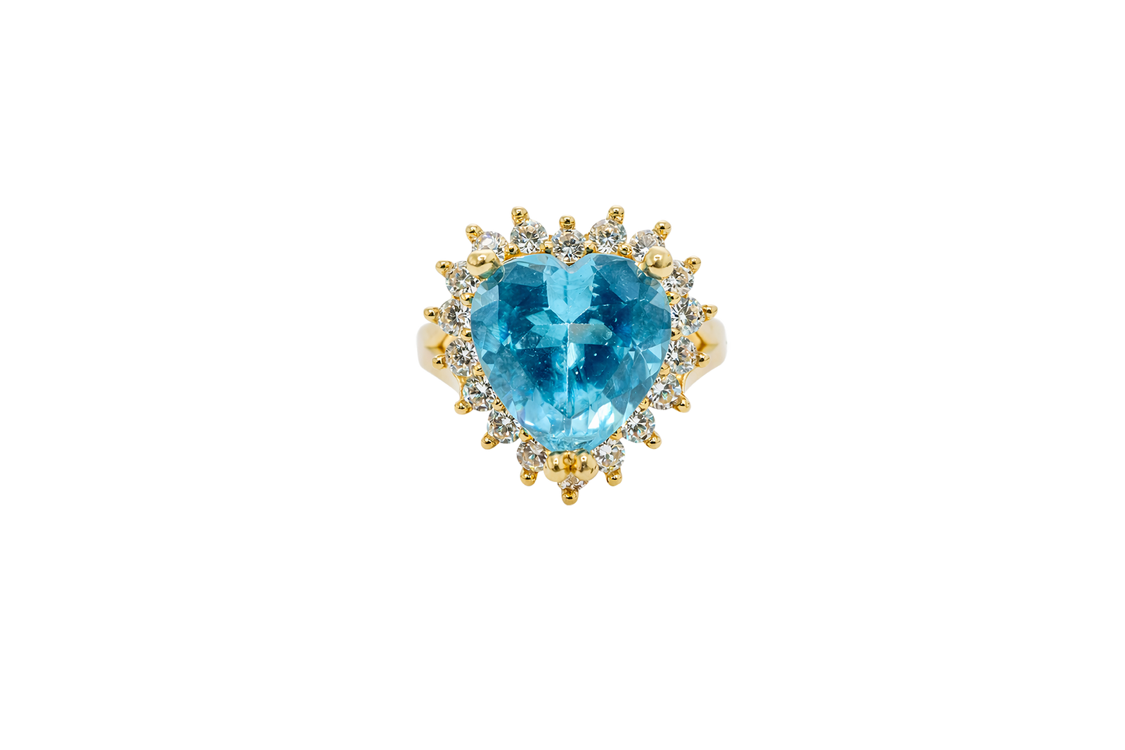 14KT Gold Ring Women's Jumbo Heart Turquoise Center CZ with Round White CZ Stones Border and Plain Split Band