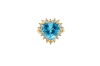 14KT Gold Ring Women's Jumbo Heart Turquoise Center CZ with Round White CZ Stones Border and Plain Split Band