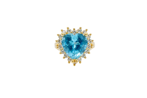 14KT Gold Ring Women's Jumbo Heart Turquoise Center CZ with Round White CZ Stones Border and Plain Split Band
