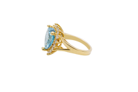 14KT Gold Ring Women's Jumbo Heart Turquoise Center CZ with Round White CZ Stones Border and Plain Split Band