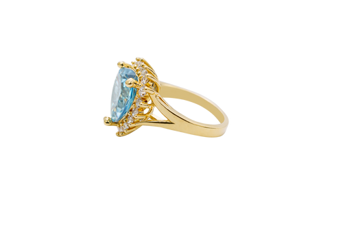 14KT Gold Ring Women's Jumbo Heart Turquoise Center CZ with Round White CZ Stones Border and Plain Split Band