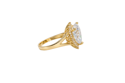 14KT Gold Ring Women's Jumbo Heart White Center CZ with Round White CZ Stones Border and Plain Split Band