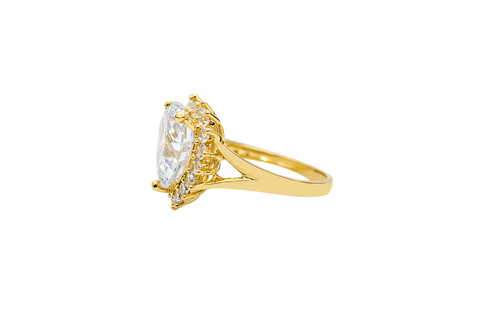 14KT Gold Ring Women's Jumbo Heart White Center CZ with Round White CZ Stones Border and Plain Split Band