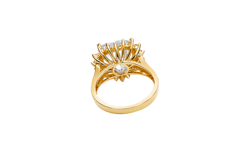 14KT Gold Ring Women's Jumbo Heart White Center CZ with Round White CZ Stones Border and Plain Split Band