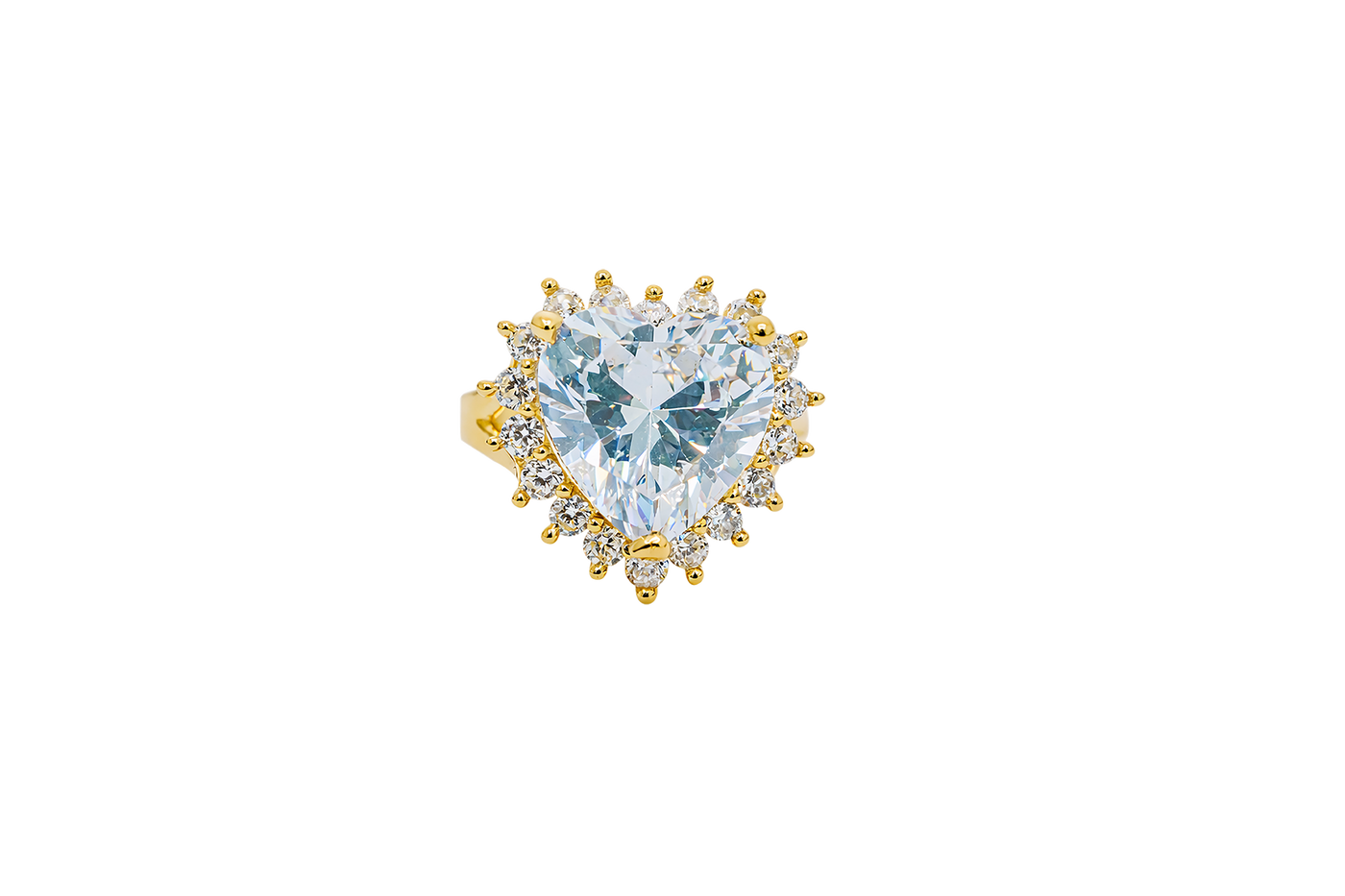 14KT Gold Ring Women's Jumbo Heart White Center CZ with Round White CZ Stones Border and Plain Split Band