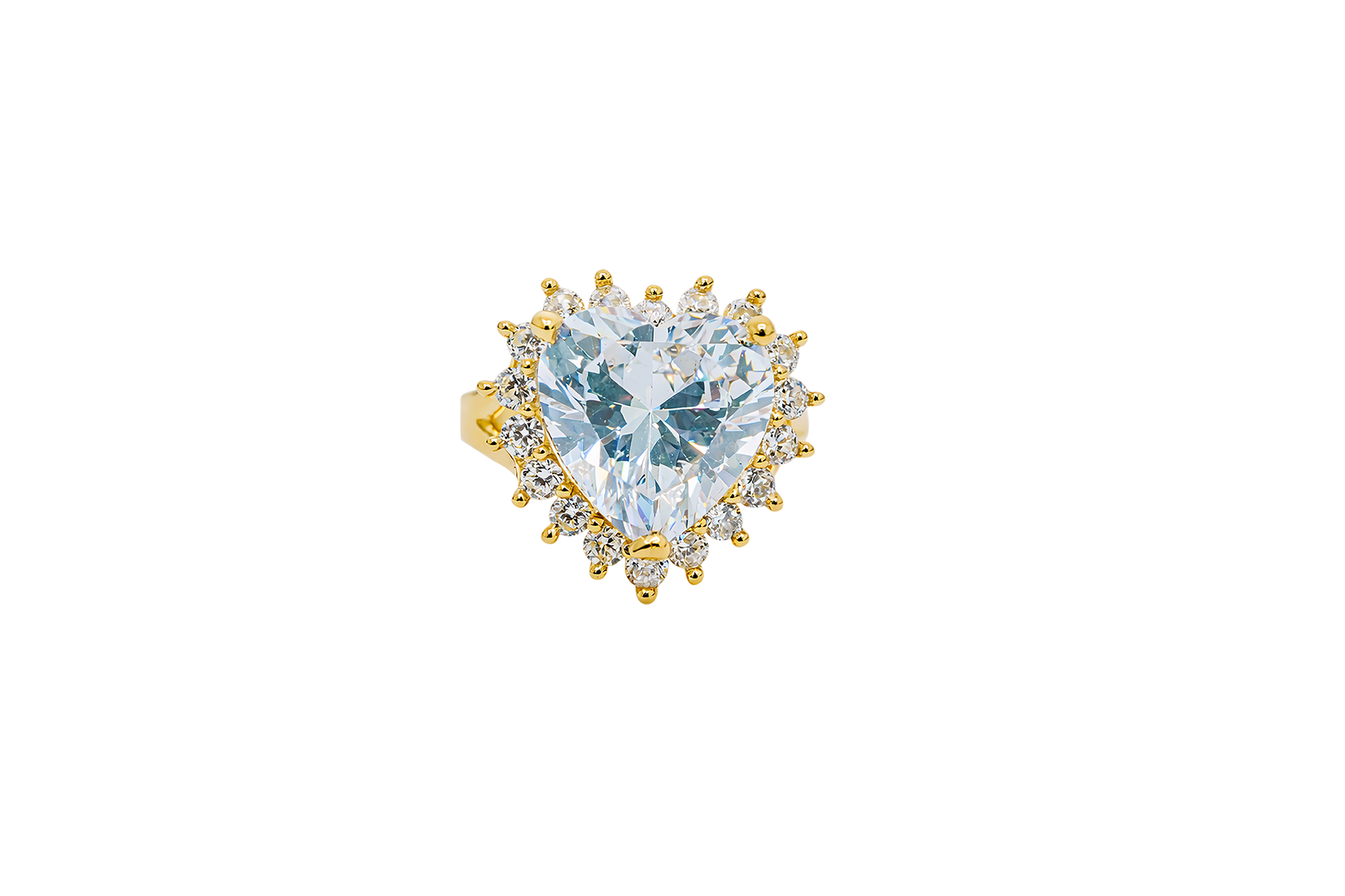 14KT Gold Ring Women's Jumbo Heart White Center CZ with Round White CZ Stones Border and Plain Split Band